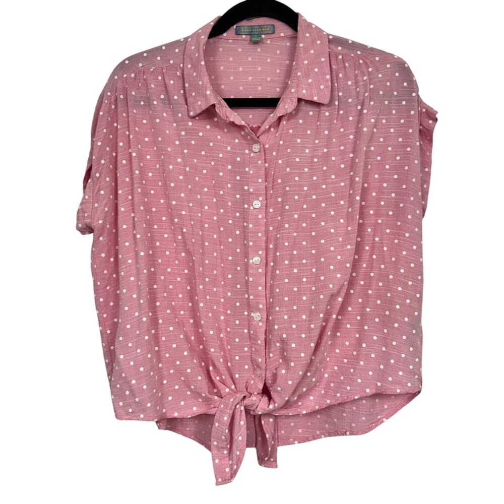 Good Luck Gem Pink Polka Dot Button Down Shirt Womens L Short Sleeve Casual Top